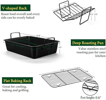 E-far Roasting Pan with Racks, Small Stainless Steel Turkey Roaster with - Image 2