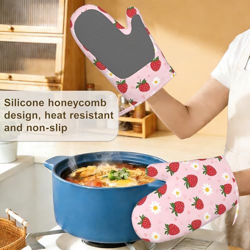 Strawberry Groovy Floral Oven Mitts and Pot Holders Set of 4, Kitchen Glove - Image 4