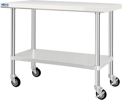 HARDURA Stainless Steel Table with Wheels 24 x 48 Inches Kitchen Prep Table Heavy Duty Stainless Steel Workbench with Aluminium Corner Undershelf NSF 304 Metel Table for Commercial Restaurant