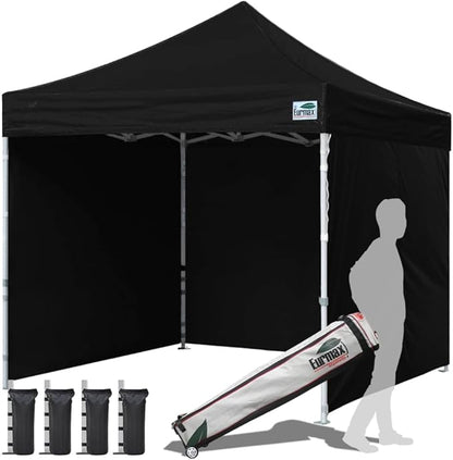 Eurmax USA 10'x10' Pop-up Canopy Tent Commercial Instant Canopies with 4 Removable Zipper End Side Walls and Roller Bag, Bonus 4 SandBags(Black)