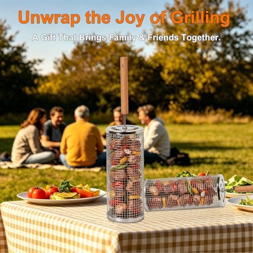 Rolling Grill Basket 2 Pack, Stainless Steel BBQ Grilling Cage - Image 7