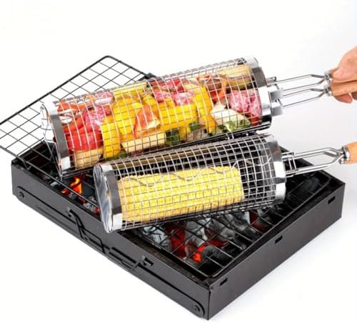 2PCS Rolling BBQ Grill Basket Set, Stainless Steel Barbecue Rolling Cage by Pardarsey