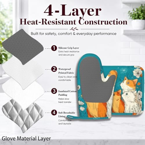 Cute Cat Kitten Oven Mitts and Pot Holders Sets Non-Slip Silicone Surface - Image 4