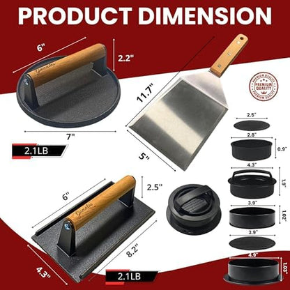 Gamalou® Smashed Burger Press BBQ Kit: 7" Black Round & 8.2x4.3 Rectangle Cast - Image 2