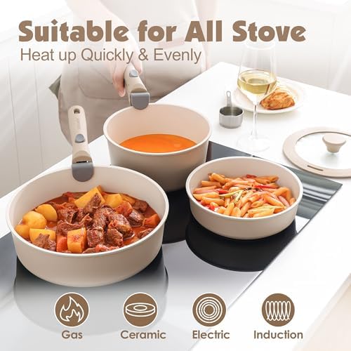 SENSARTE 17 Piece Ceramic Detachable Handle Pots and Pans Set Almond Beige - Image 6