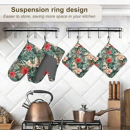 Hawaiian Oven Mitts and Pot Holders Set of 4, Heat Resistant Non SlipTropical - Image 5