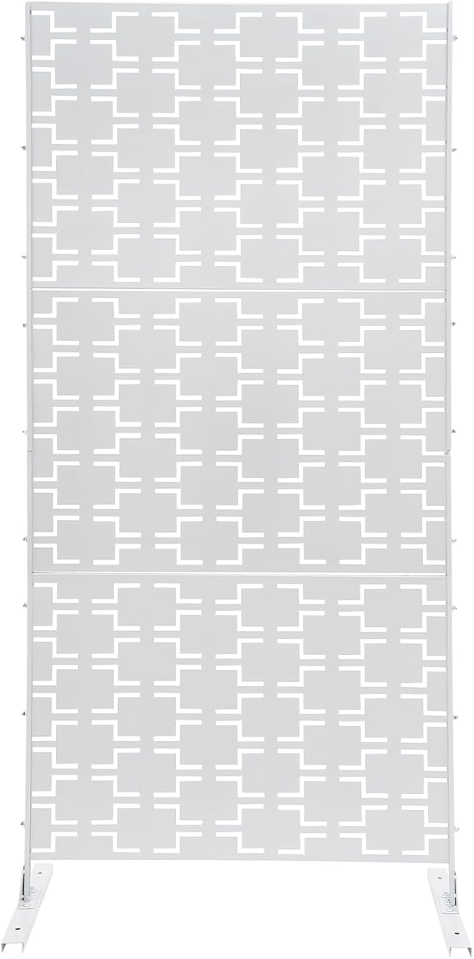 Outdoor Metal Privacy Screen with Stand, 35.4" W x 75" H Freestanding Metal Slatted Decorative Privacy Screen and Panels for Patio Garden Balcony Porch (White Rectangular)