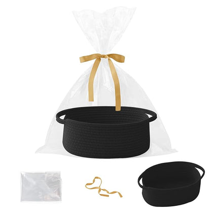 Gift Basket with Gift Bag and Ribbons,Small Rope Woven Shelf Storage,Baskets for Gifts Empty,Birthday,Baby Shower,Decorative Organizer Box with Handles(Black)