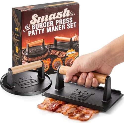 Smash Burger Press, 6.5” Round & 8.3”X4.3” Rectangle Cast Iron Flat Edge by Basinel
