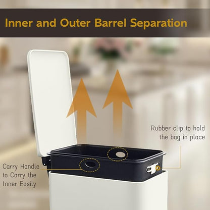 Bathroom Trash Can, 2.6 Gallon Trash Can with Lid, Stainless Steel Pedal Trash Bin with Removable Liner for Bathroom, Bedroom, Kitchen, Office,10 Liter White Garbage Can
