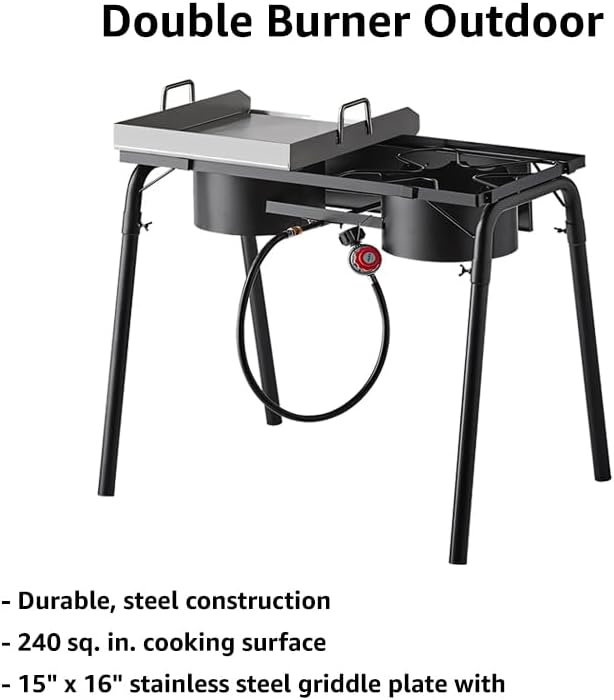 Griddle Plate 15" Gas Stove 32" with Hose Guard, Steel Heavy Duty Double Burner Outdoor Patio Stove, Tank Cooker Perfect for Deep Frying or Steaming, Turkey Fry, Catered Events, Range - 150,000BTU