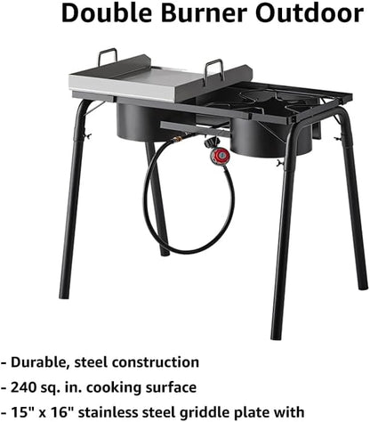 Griddle Plate 15" Gas Stove 32" with Hose Guard, Steel Heavy Duty Double Burner Outdoor Patio Stove, Tank Cooker Perfect for Deep Frying or Steaming, Turkey Fry, Catered Events, Range - 150,000BTU