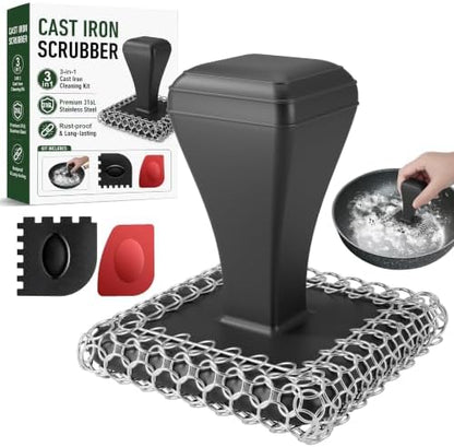 TOPULORS Long Handled Chainmail Cast Iron Scrubber & 2 Scrapers, Dark Black by TOPULORS