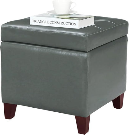 Homebeez Tufted Faux Leather Storage Ottoman Square Cube Foot Rest Stool with Flip Top (Grey)
