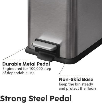 12 Gallon Slim Trash Can Kitchen, Stainless Steel Trash Can with Removal Inner Bucket and Soft-Close Lid, Pedal Garbage Can 45 Liter, Kohler Grey