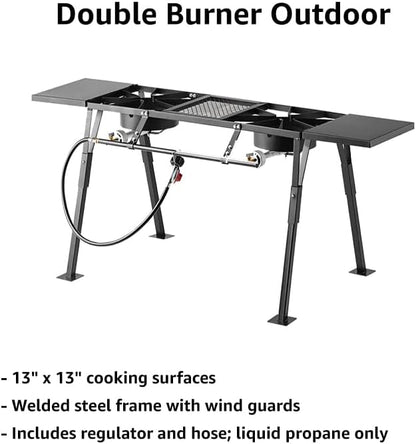 Gas Stove with Hose Guard and Side Shelves, Steel Heavy Duty Double Burner Outdoor Patio Stove, Tank Cooker Perfect for Deep Frying or Steaming, Turkey Fry, Catered Events, Camping, Range - 110,000BTU