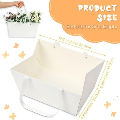 Tuanse 30 Pcs Basket for Gift Empty DIY Bulk Gift Basket Kit with Handle Kraft Cardboard Tray with 30 Bag 30 Bow Market Tray for Wedding Party(White,12.6 x 9.8 x 5.9 in)