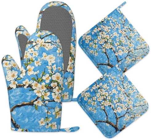 Almond Blossom Oven Mitts and Pot Holders Set of 4, Heat Resistant Non Slip by Unknown
