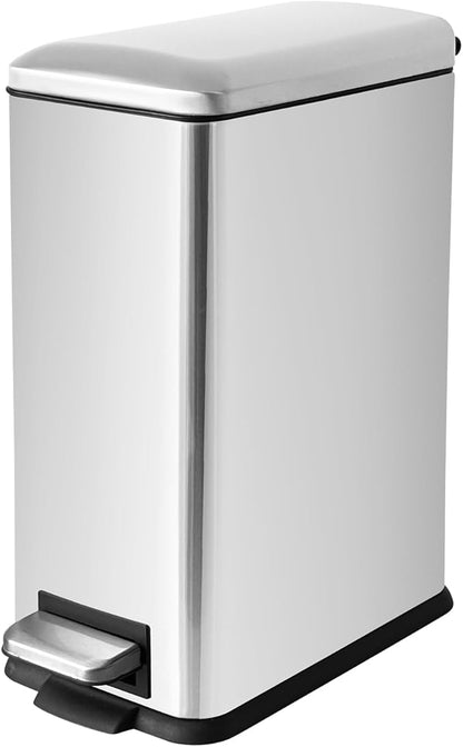 Bathroom Trash Can, 10 Liter / 2.6 Gallon Stainless Steel Garbage Can with Removable Inner Bucket, Soft Close Lid Step Trash Bin for Bedroom, Office, Kitchen, Brushed Silver
