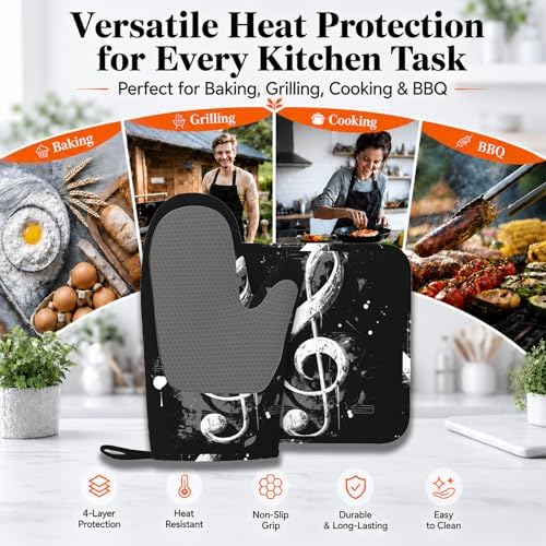 Black Notes Oven Mitts and Pot Holders Sets Non-Slip Silicone Surface - Image 3
