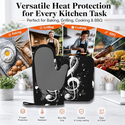 Black Notes Oven Mitts and Pot Holders Sets Non-Slip Silicone Surface - Image 3