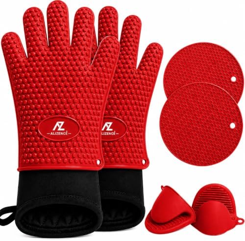 Silicone Oven Gloves, 500°F Heat Resistant, w/2 Trivets by AliZence