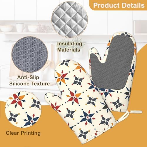 Colorful Line Flowers Oven Mitts and Pot Holders Sets of 4, Heat Resistant - Image 3