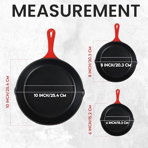 Utopia Kitchen Cast Iron Skillet Set 3 Piece 6 8 10 Inch PFAS-Free Red - Image 2