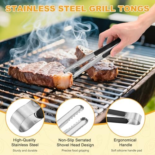 M METERXITY 3-Pack Grill Tongs, 8.8 Inch Non-Slip 410 Stainless Steel Locking - Image 2