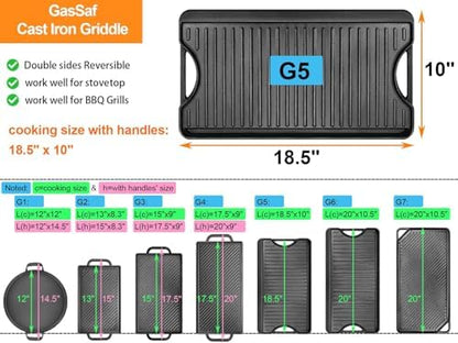 GasSaf Reversible Cast Iron Griddle, 18.5 x 10 Inch Double Sided Cooking Surface - Image 2