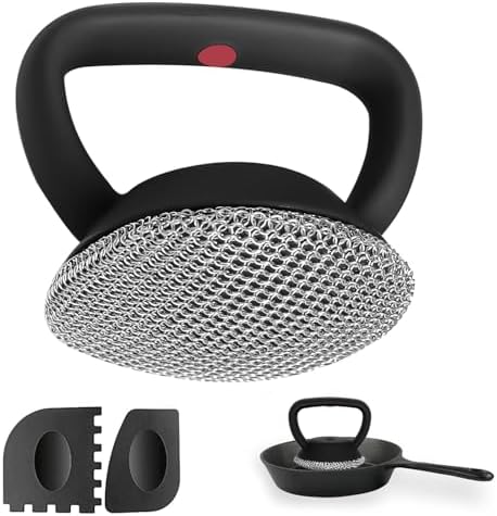 MEIXINZHI Cast Iron Cleaner, Chain Mail Scrubber & Pan Grill Scrapers - 2 in 1 by MEIXINZHI