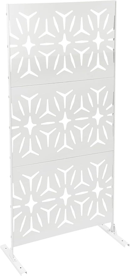 75" H×35" W Decorative Outdoor Privacy Screen with Stand, Outdoor Decor Privacy Fence Screen Metal Fence Panels, Free Standing Metal Divider for Patio Lawn Deck (White-Small Rhombus)