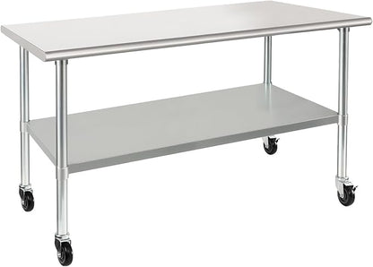 HARDURA Stainless Steel Table with Wheels 30 x 72 Inches Casters NSF Heavy Duty Commercial Prep Table with Undershelf and Galvanized Legs for Food Prep
