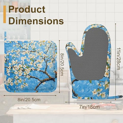 Almond Blossom Oven Mitts and Pot Holders Set of 4, Heat Resistant Non Slip - Image 2