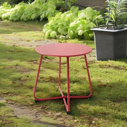 Patio Small Side Table Waterproof Round Metal Steel Weather Resistant Portable Outdoor and Indoor End Table for Garden Balcony Yard, Red