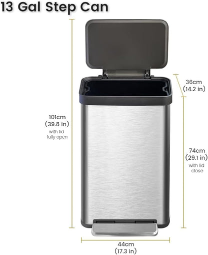 50 Liter / 13 Gallon Trash Can, Fingerprint Proof Stainless Steel Kitchen Trash Can with Removable Inner Bucket, Step Trash Bin for Home Offices and Public Areas