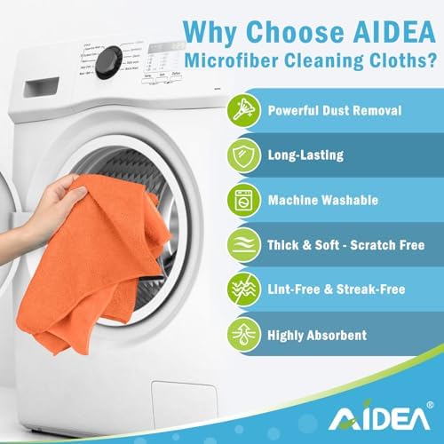 AIDEA Orange Microfiber Cleaning Cloth-12PK, Cleaning Rags 12"x12" Reusable - Image 3