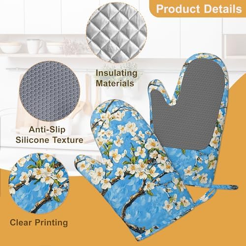 Almond Blossom Oven Mitts and Pot Holders Set of 4, Heat Resistant Non Slip - Image 3