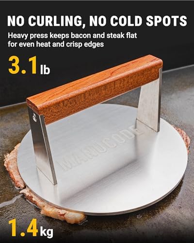 Stainless Steel Grill Press, Wood Handle, 8 Inch Round, 3.1 lb - Image 2