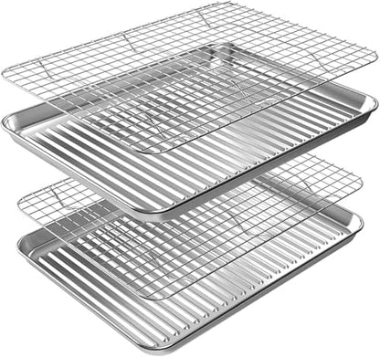 Half Baking Sheet Pan Cooling Rack Set, Stainless Steel 2 Pans + 2 Racks by Rottay