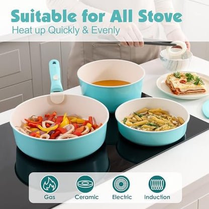 SENSARTE 24 Piece Ceramic Detachable Handle Pots and Pans Set Turquoise - Image 6