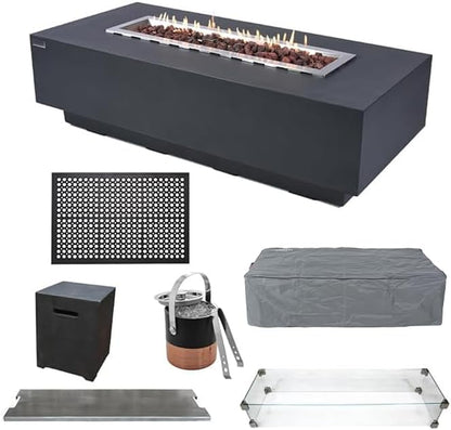Elementi Granville Fire Pit Bundle Outdoor Firepit Set Includes 60” Dark Grey Propane Concrete Firepit Table, Glass Windscreen, Stainless Steel Cover, Canvas Cover, Floor Mat, Ice Bucket