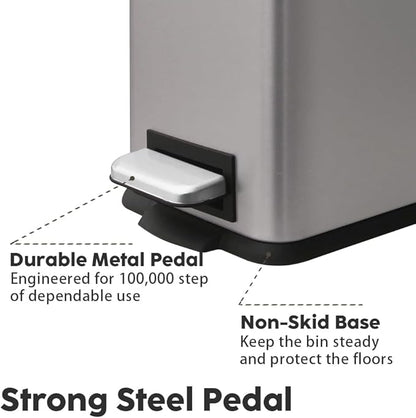 Bathroom Bin 17L, Kitchen Bins Small Trash Can with Soft Close Lid,Slim Pedal Bin with Removable Inner Bucket for Home,Bathroom,Kitchen,Bedroom,and Office.Grey