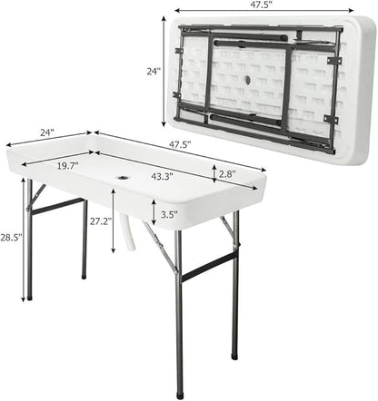 VINGLI 46" Extra Large Party Ice Cooler Folding Table, Portable Tailgate Camp Fishing Cleaning, Plastic with Matching Skirt, Ice Table for Party, BBQ, Camping, Picnic
