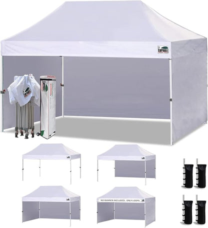 Eurmax USA 10'x15' Pop-up Canopy Tent Commercial Instant Canopies with 4 Removable Zipper End Side Walls and Roller Bag, Bonus 4 SandBags(White)