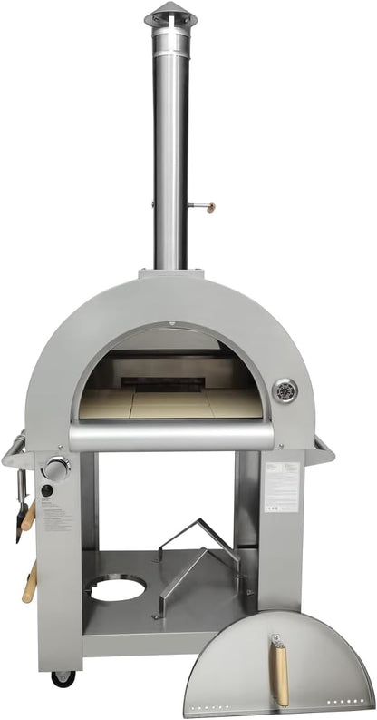 32.5" Wood Fired & Propane Gas Pizza Oven with Open Shelf and Wheels, Large Outdoor Oven for BBQ, Grilling, Stainless Steel Pizza Oven for Outdoor, Backyard and Party (Silver without Cover)
