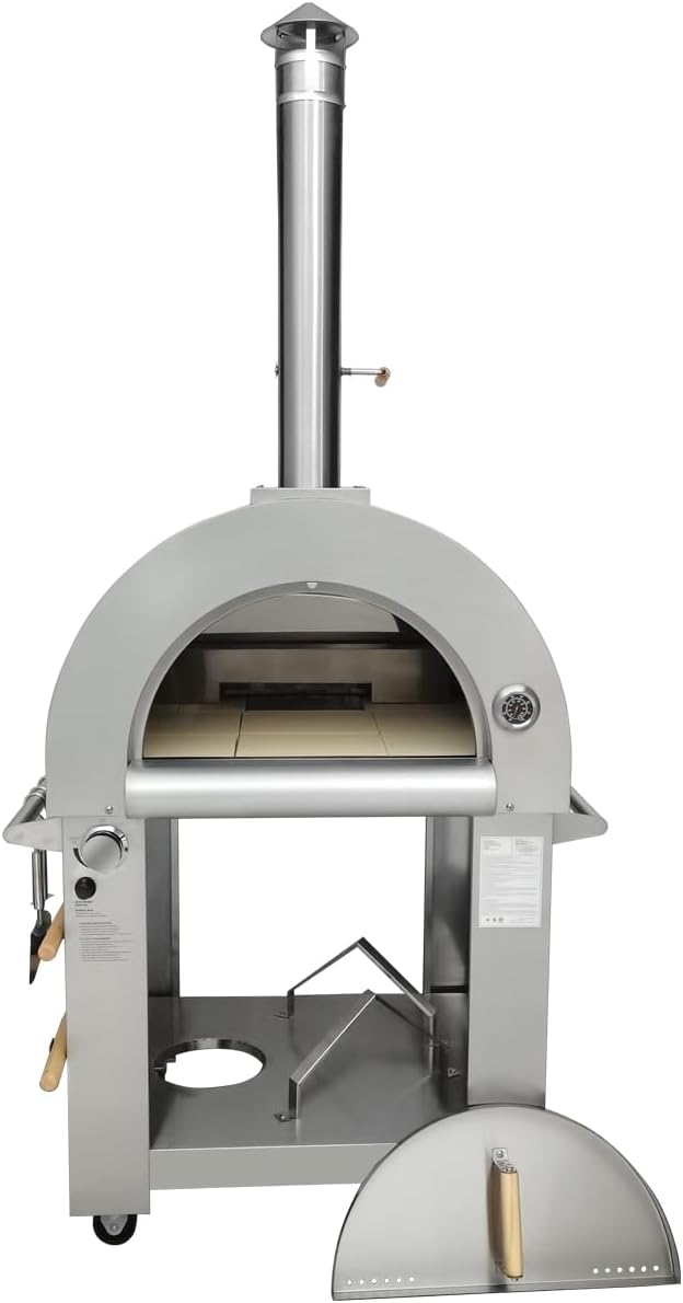 32.5" Wood Fired & Propane Gas Pizza Oven with Waterproof Cover, Large Outdoor Oven with Open Shelf and Wheels for BBQ, Grilling, Stainless Steel Pizza Oven for Outdoor, Backyard and Party (Blue)