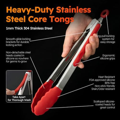 HST Non Stick Silicone Kitchen Tongs, 3 Pack 12 Inch Red BBQ Cooking Baking - Image 6