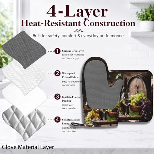 Wine and Barrels Oven Mitts and Pot Holders Sets Non-Slip Silicone Surface - Image 4