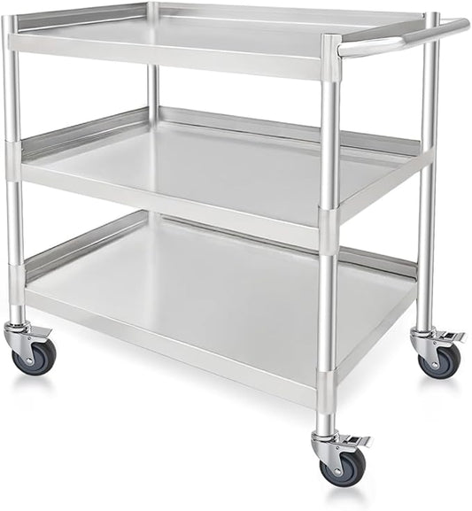 3 Tier Stainless Steel Utility Cart | Heavy Duty Metal Rolling Cart with Handle & Wheels | Ideal for Kitchen, Restaurant, Hospital, Laboratory & Home (16''x24''x34'')